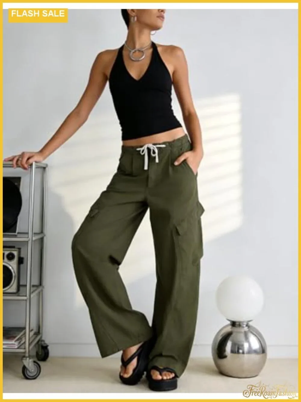 Women's Barrel Leg Cargo Pants Drawstring Waist Baggy Jeans Cotton